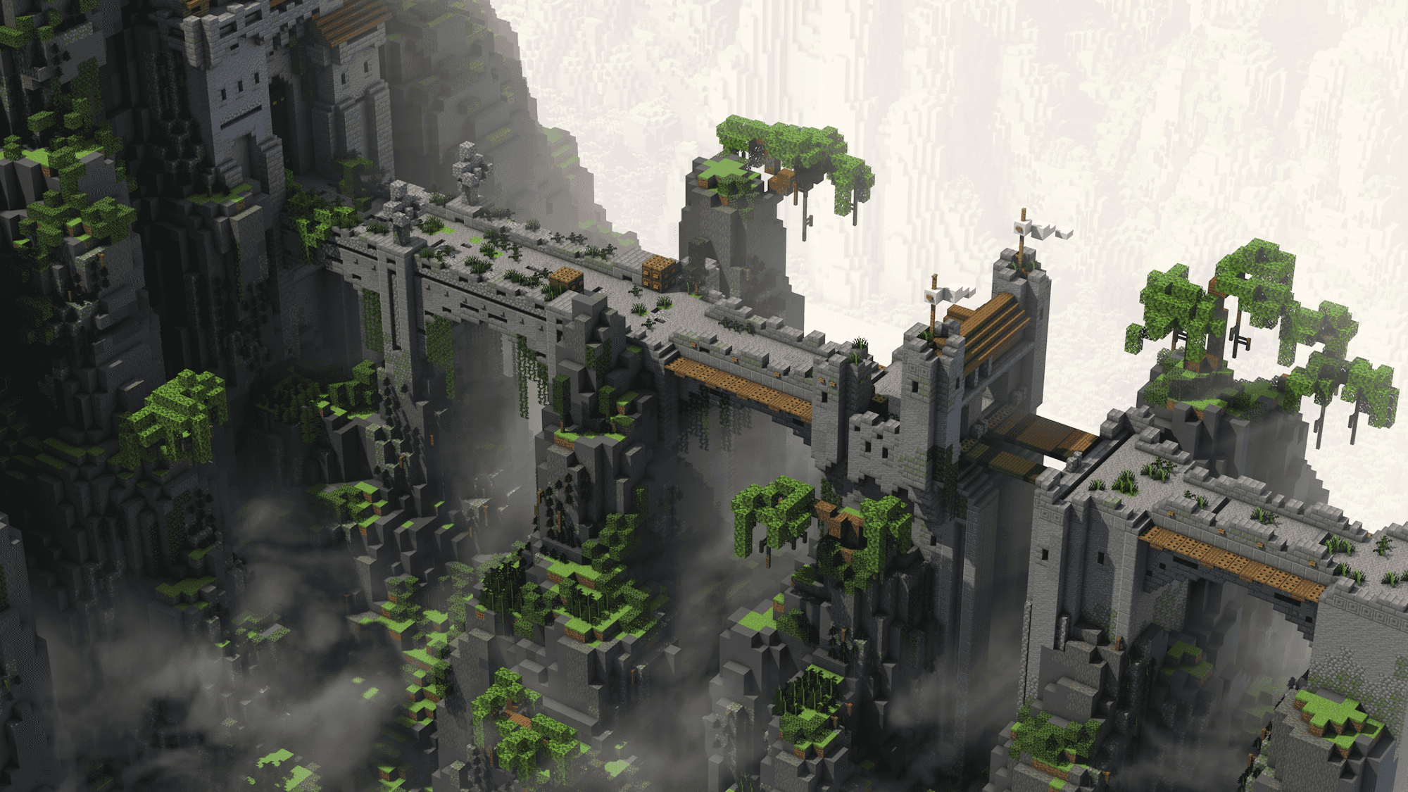 Render of a medieval-style bridge surrounded by fog