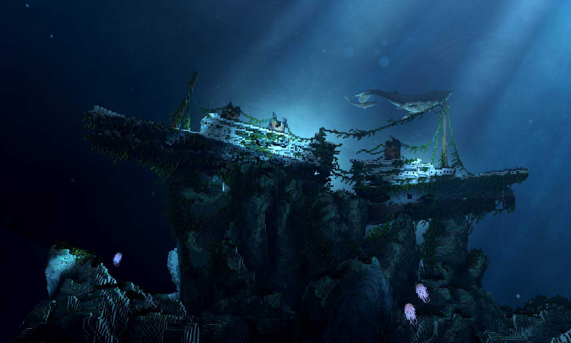 Render of a shipwreck broken in half at the bottom of the ocean surrounded by rocks and glowing jellyfish